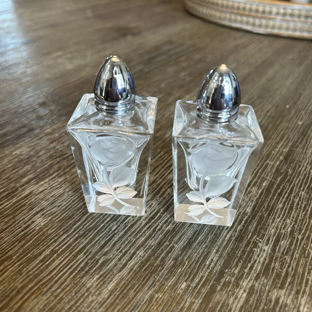 VTG Hand Cut Crystal Rose Salt Pepper Shakers Square Glass Silver Tone Germany